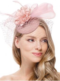 Blush rose femmes thé bandeau Kentucky Derby mariage Cocktail fleur maille plumes pince à cheveux