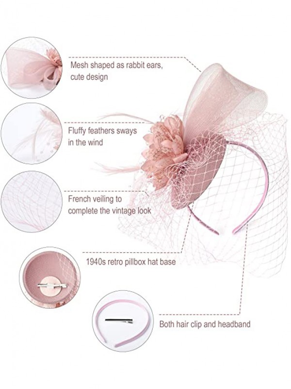 Blush rose femmes thé bandeau Kentucky Derby mariage Cocktail fleur maille plumes pince à cheveux