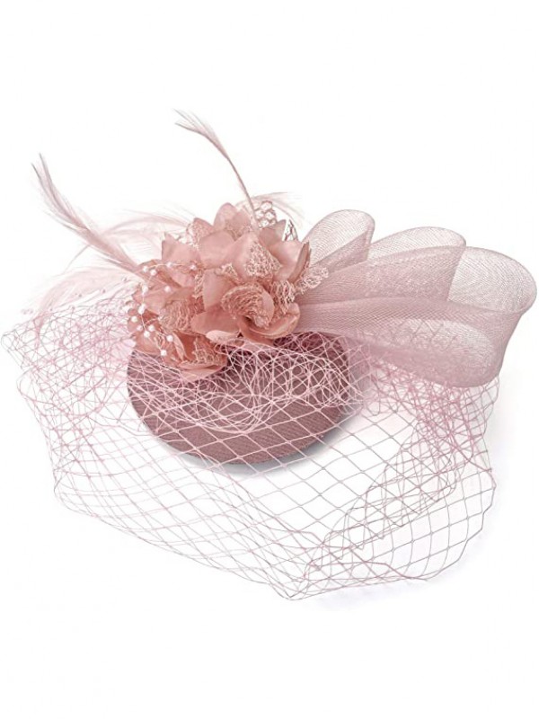 Blush rose femmes thé bandeau Kentucky Derby mariage Cocktail fleur maille plumes pince à cheveux