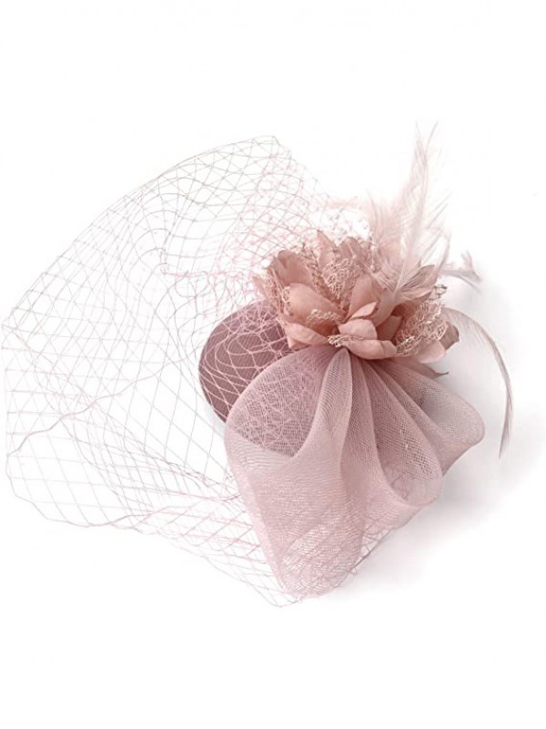 Blush rose femmes thé bandeau Kentucky Derby mariage Cocktail fleur maille plumes pince à cheveux