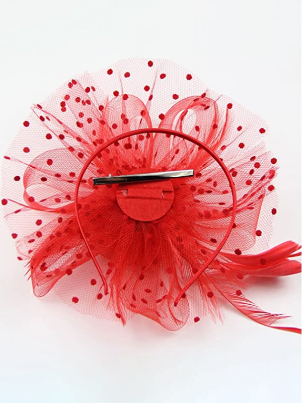 Rouge Femmes Tea Party Bandeau Kentucky Derby Mariage Cocktail Fleur Maille Plumes Pince À Cheveux