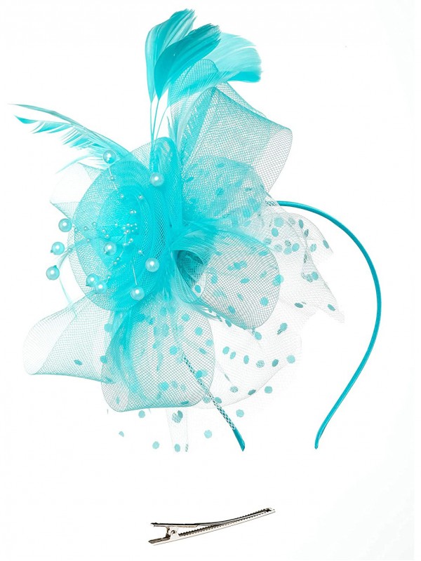 Bleu ciel femmes thé bandeau Kentucky Derby mariage Cocktail fleur maille plumes pince à cheveux