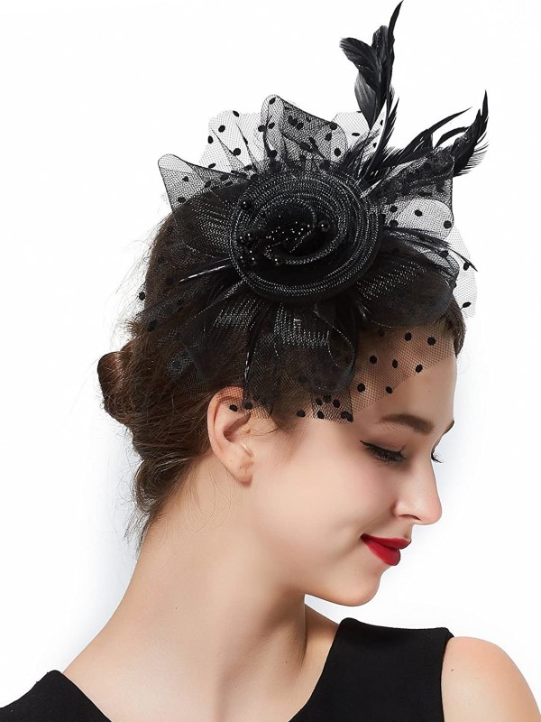 Femmes noires Tea Party bandeau Kentucky Derby mariage Cocktail fleur maille plumes pince à cheveux