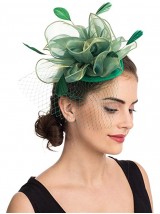 Chapeau de bibi vert en maille Sinamay fleur plumes en maille sur un bandeau et un clip chapeaux de fête de thé pour filles et femmes