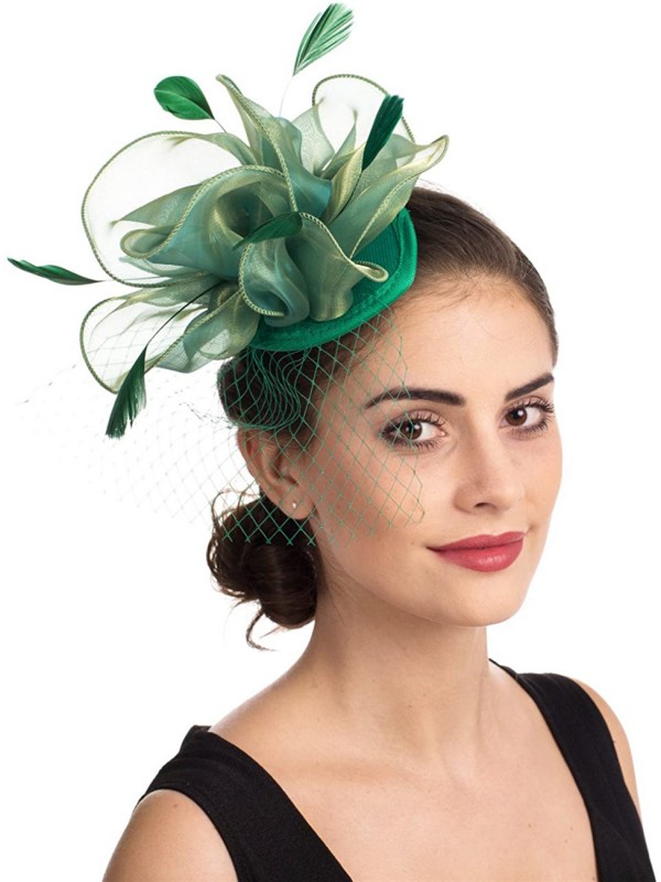 Chapeau de bibi vert en maille Sinamay fleur plumes en maille sur un bandeau et un clip chapeaux de fête de thé pour filles et femmes