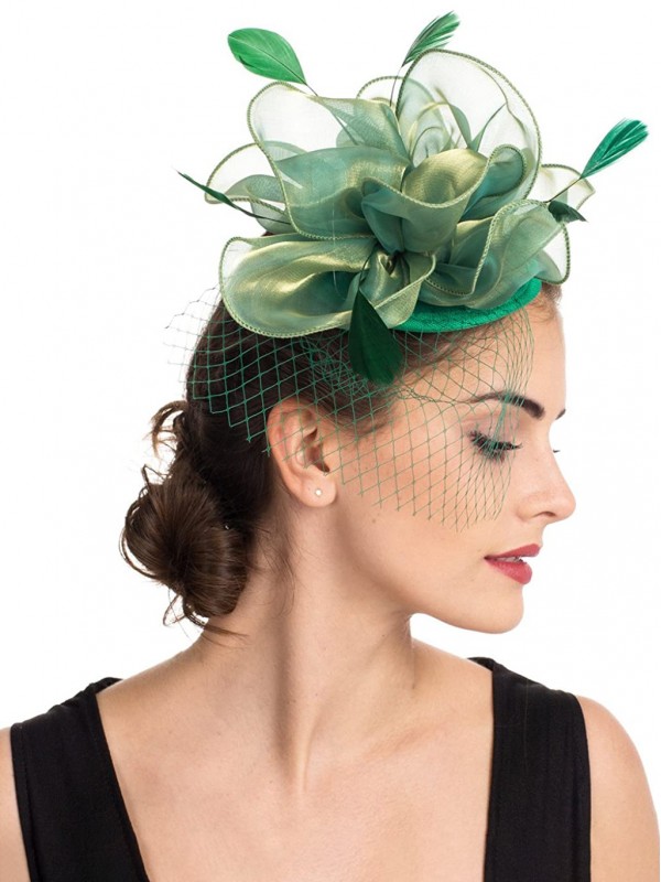 Chapeau de bibi vert en maille Sinamay fleur plumes en maille sur un bandeau et un clip chapeaux de fête de thé pour filles et femmes