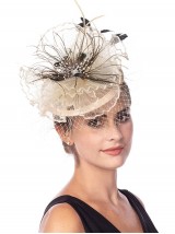 Chapeau de bibi beige Sinamay fleur en maille plumes sur un bandeau et un clip Tea Party Chapeaux pour filles et femmes