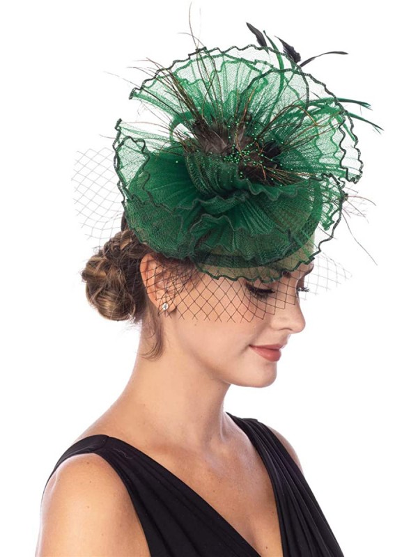 Chapeau de bibi vert Sinamay plumes de maille de fleur sur un bandeau et un clip chapeaux de fête de thé pour filles et femmes