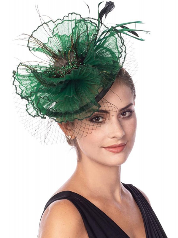 Chapeau de bibi vert Sinamay plumes de maille de fleur sur un bandeau et un clip chapeaux de fête de thé pour filles et femmes