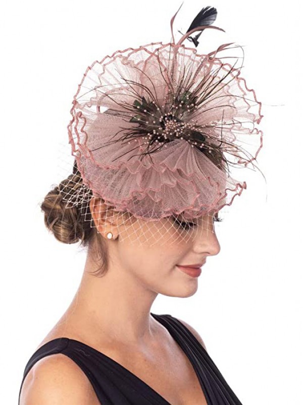 Chapeau de bibi rose clair Plumes de maille de fleur de Sinamay sur un bandeau et un clip chapeaux de fête de thé pour filles et femmes